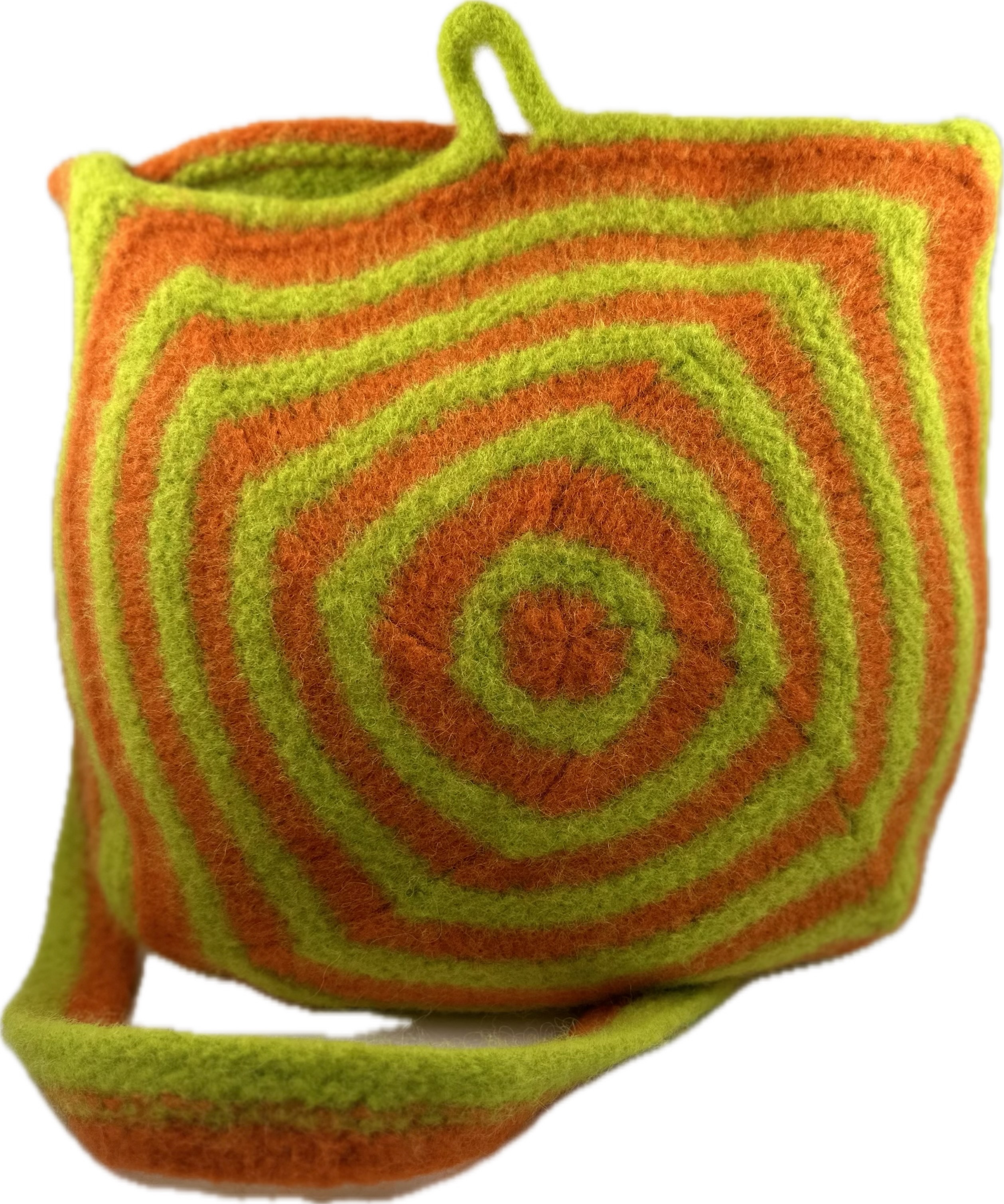 Lime green and orange concentric spiral felted crossbody purse